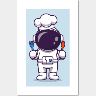 Cute Astronaut Chef With Fork And Spoon Cartoon Posters and Art